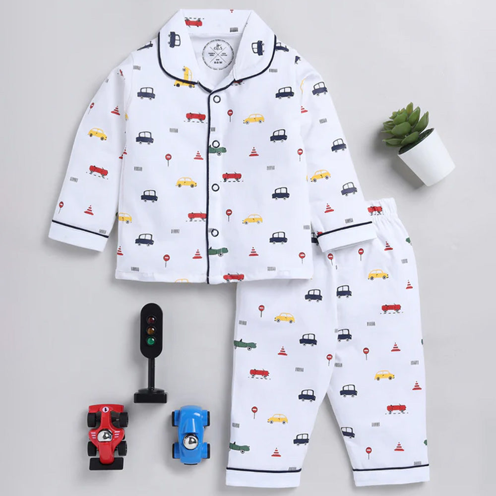 Grey & White Vehicle Theme Full Sleeve Cotton Nightwear Set