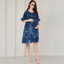 Load image into Gallery viewer, Blue Cotton Gathered Nursing Maternity Dress
