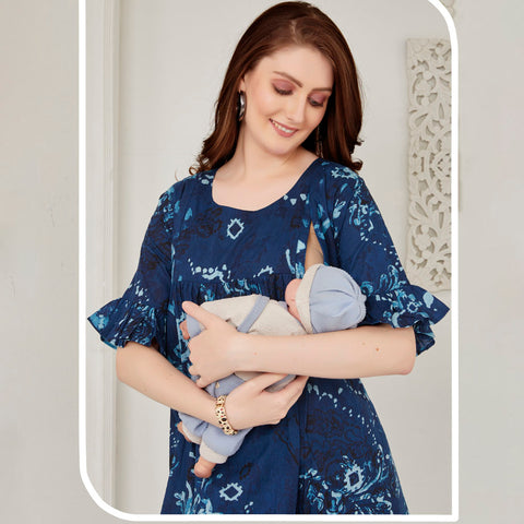 Blue Cotton Gathered Nursing Maternity Dress