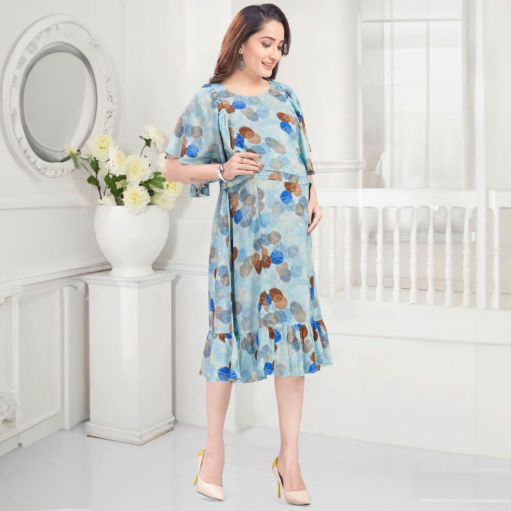 Blue Frill Hem Nursing Maternity Dress
