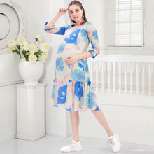 Load image into Gallery viewer, Blue &amp; Pink Tropical Printed Nursing Maternity Dress
