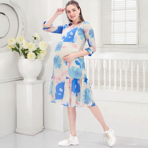 Blue & Pink Tropical Printed Nursing Maternity Dress