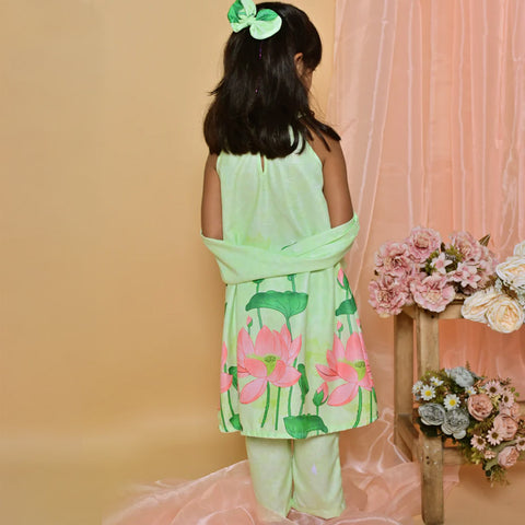 Green Floral Printed Top With Pant & Dupatta