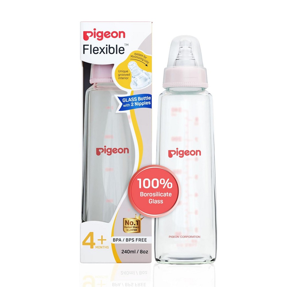 Pink Glass Feeding Bottle With 2 Nipples - 240ml