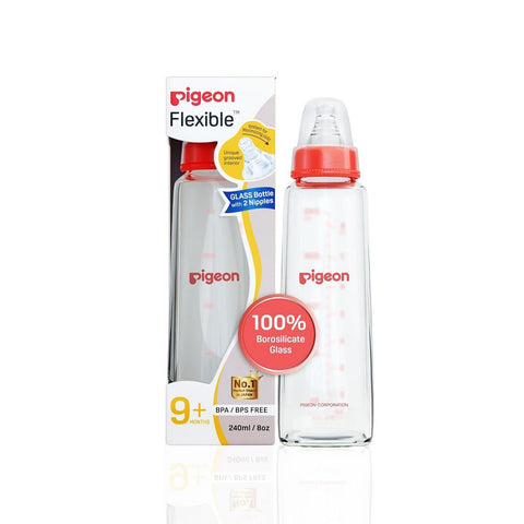 Red Glass Feeding Bottle With 2 Nipple - 240ml