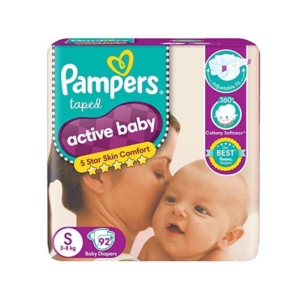 S Size Pampers Active Baby Diapers - 92 Pieces (3-8kg)