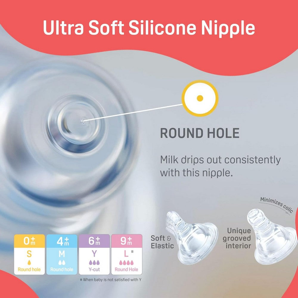 Pink Glass Feeding Bottle With 2 Nipples - 240ml