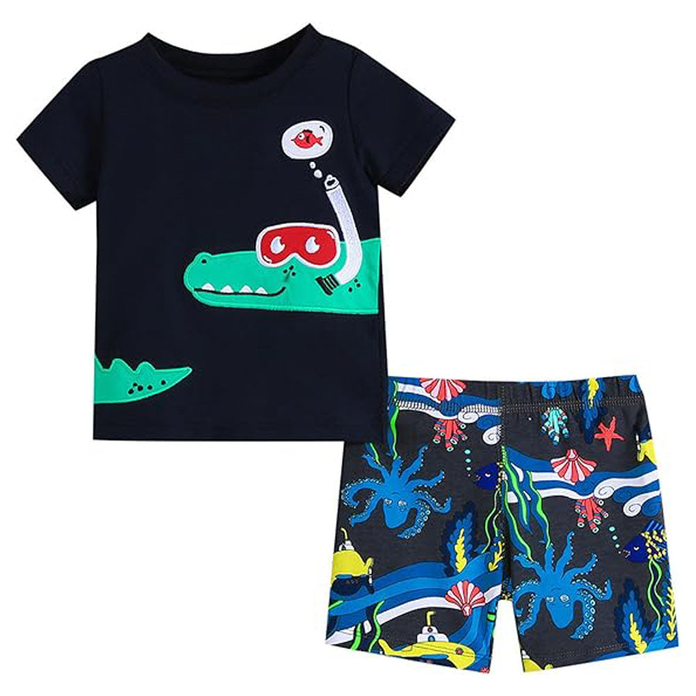 Animal Applique T-Shirt With Shorts- White & Blue