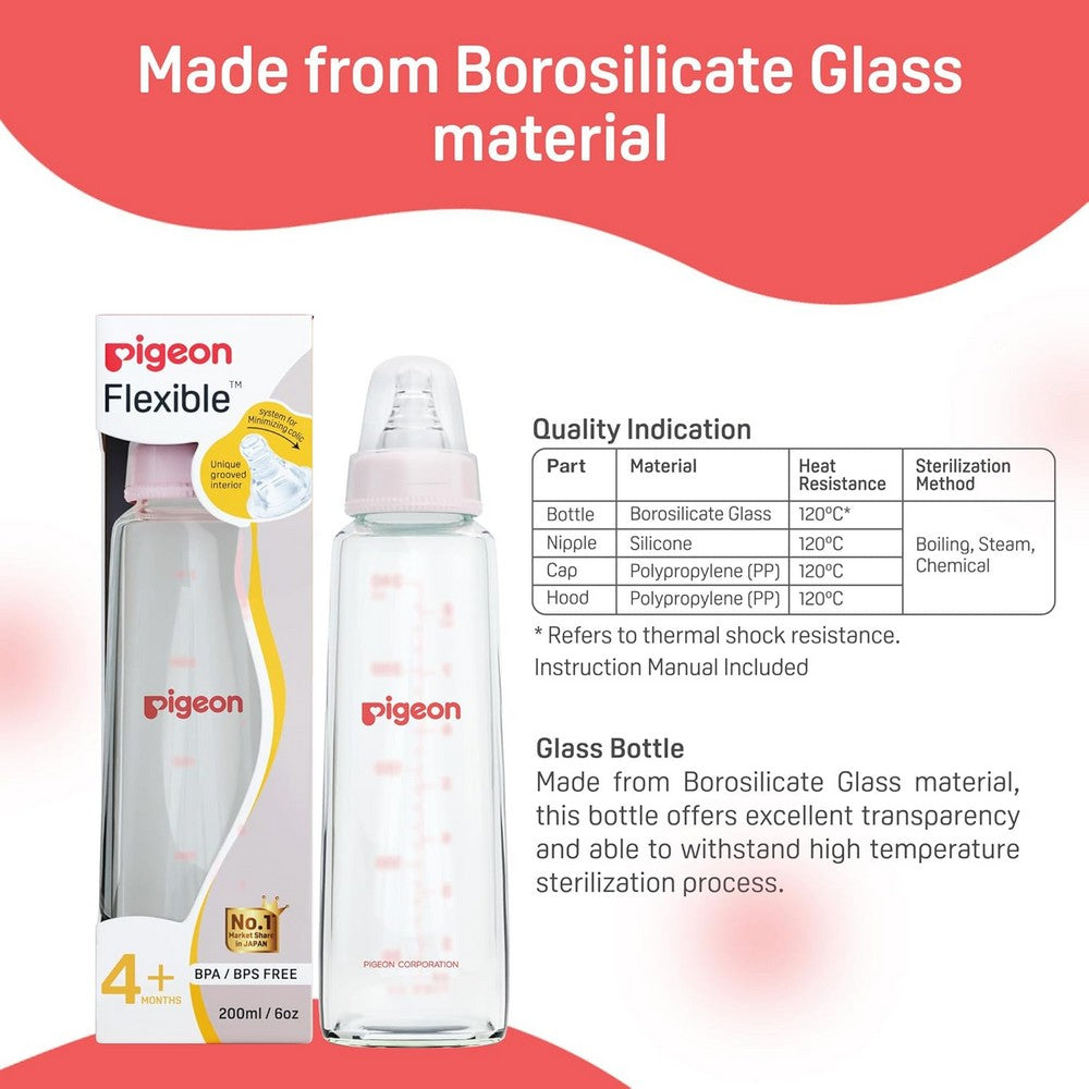Pink Glass Feeding Bottle With 2 Nipples - 240ml