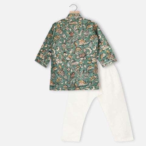 Green Tropical Printed Full Sleeves Kurta With White Pajama