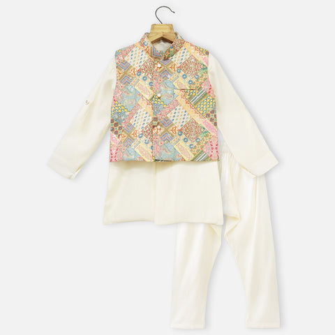 Ivory Kurta With Floral Colorful Nehru Jacket, Dhoti & Pajama