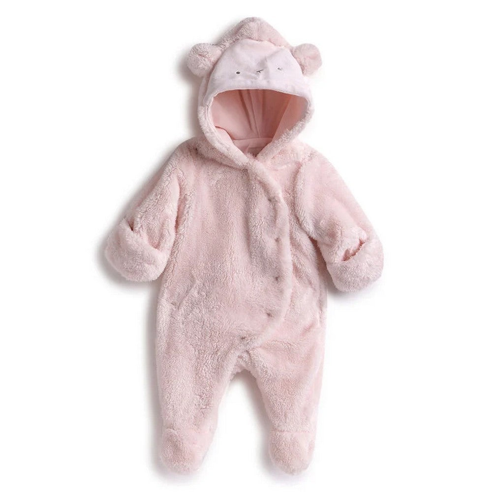 Pink Hooded Footsie With Folded Mittens