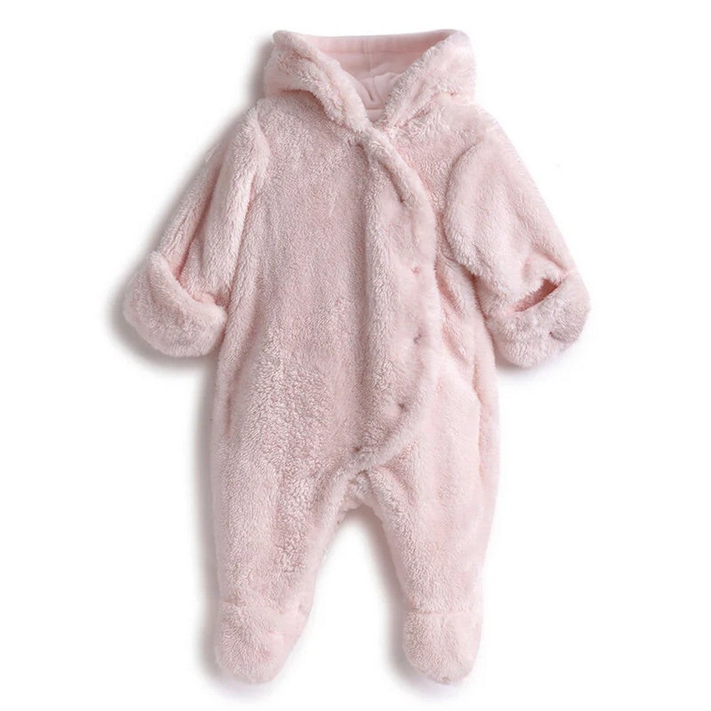 Pink Hooded Footsie With Folded Mittens