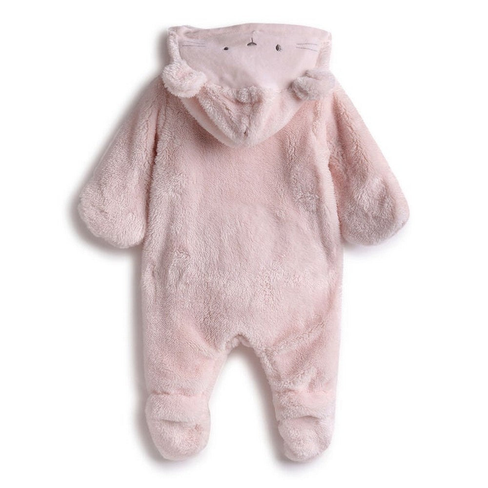 Pink Hooded Footsie With Folded Mittens