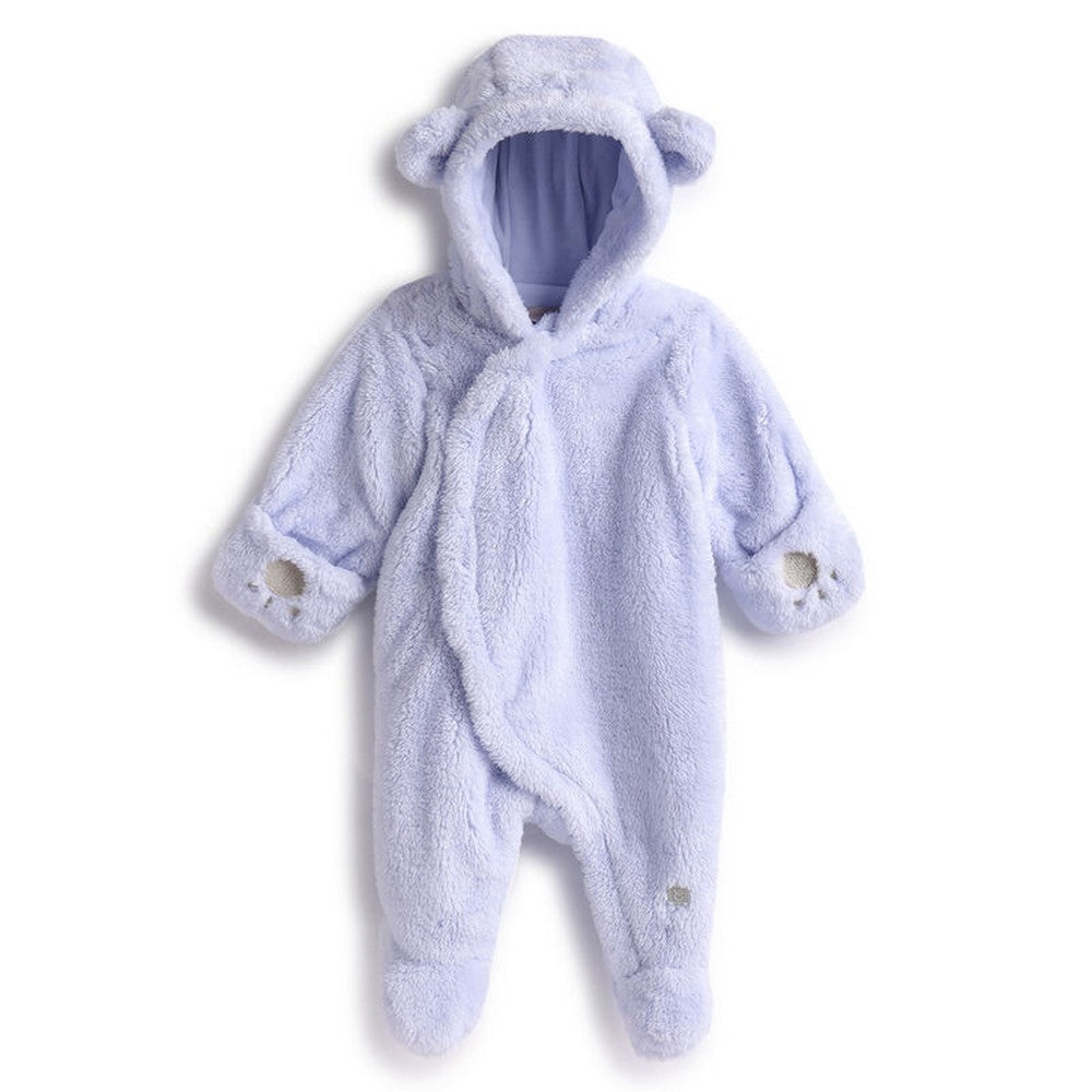 Blue Hooded Footsie With Folded Mittens