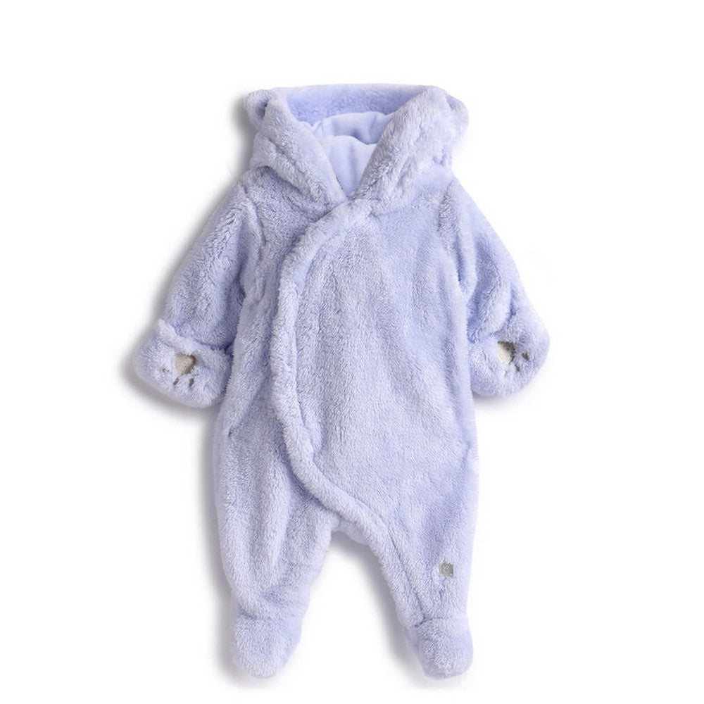 Blue Hooded Footsie With Folded Mittens