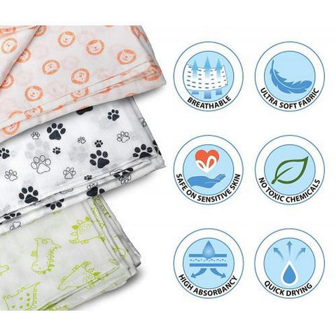 White Animal Muslin Baby Swaddle Pack Of 3