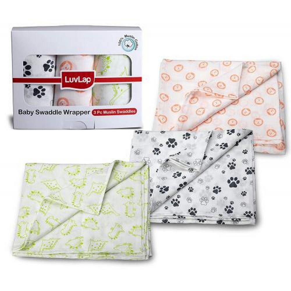 White Animal Muslin Baby Swaddle Pack Of 3