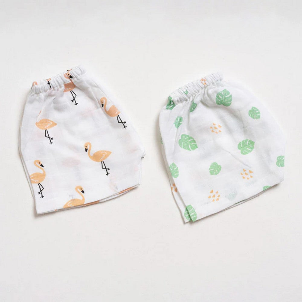 White Tropical flamingo Theme Muslin Shorts - Pack Of 2