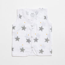 Load image into Gallery viewer, White Smiley Star Printed Sleeveless Muslin Jabla - Pack Of 2
