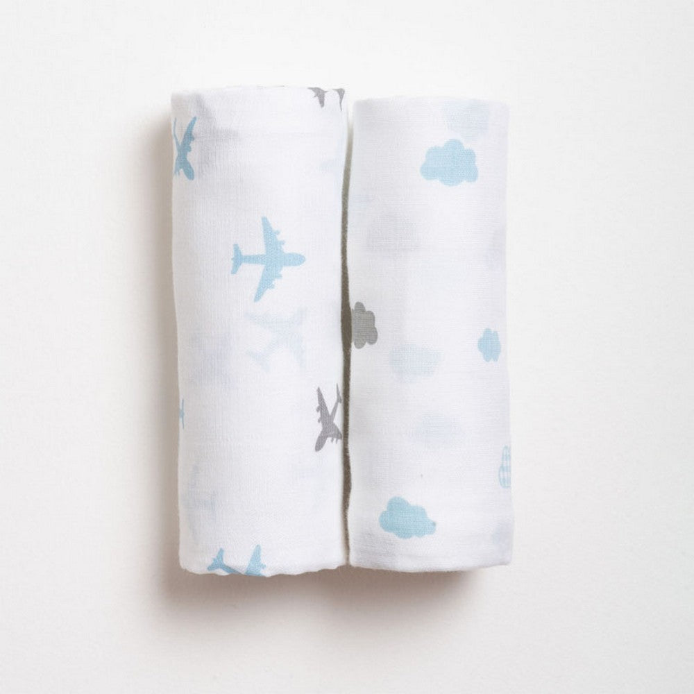White Airplane Printed Muslin Swaddle Pack Of 2