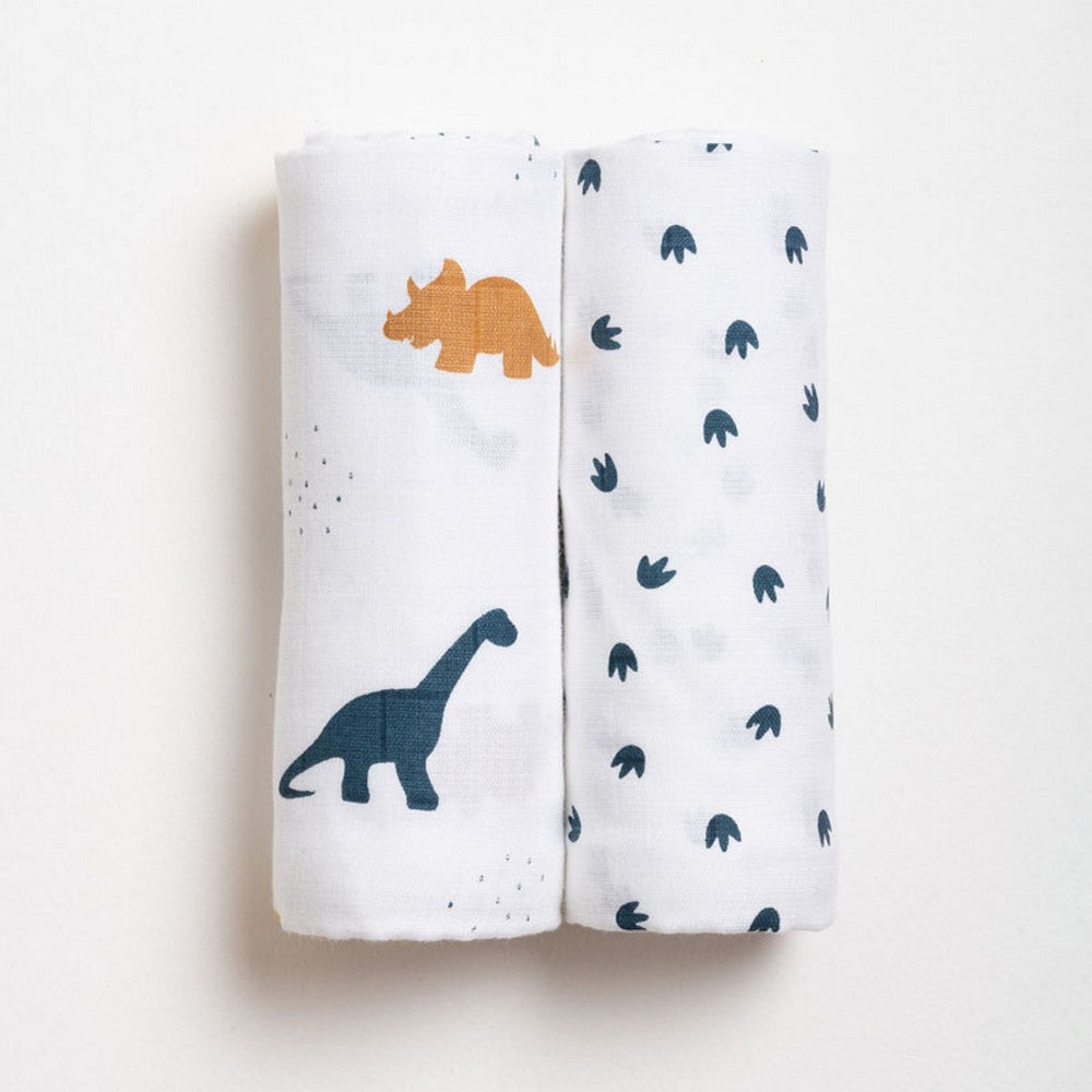 White Dino Printed Muslin Swaddle Pack Of 2