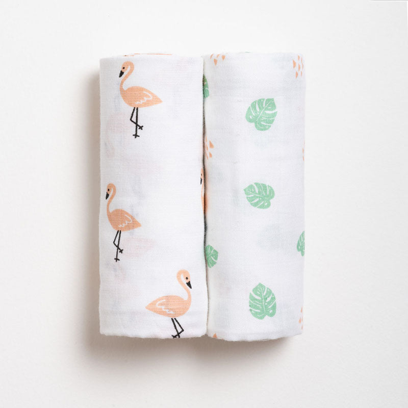 White Tropical Flamingo Printed Muslin Swaddle Pack Of 2