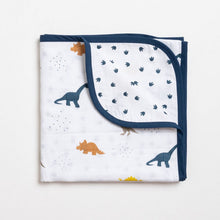 Load image into Gallery viewer, Blue Little Dino Printed Reversible Muslin Blanket
