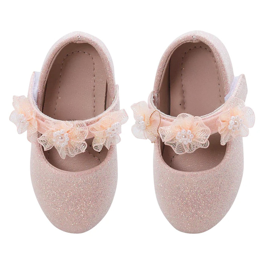 Pink Flower Embellished Velcro Closure Ballerina