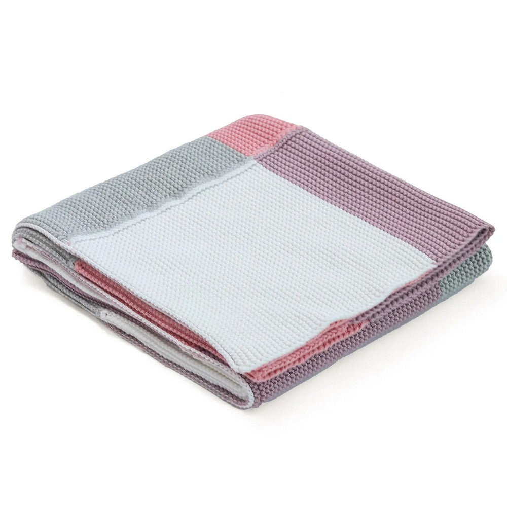 Transfer Knit Color Blocks With Pink Stripes Cotton Knitted Blanket