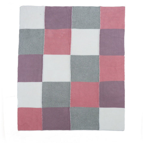 Transfer Knit Color Blocks With Pink Stripes Cotton Knitted Blanket