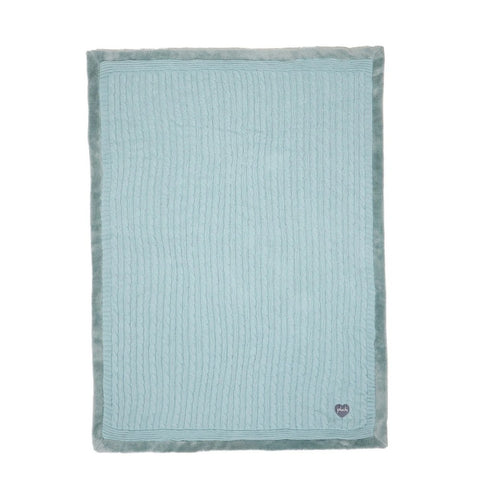 Blue Cable Knit With Embroidered Heart Cotton Knitted Blanket With Faux Fur Back