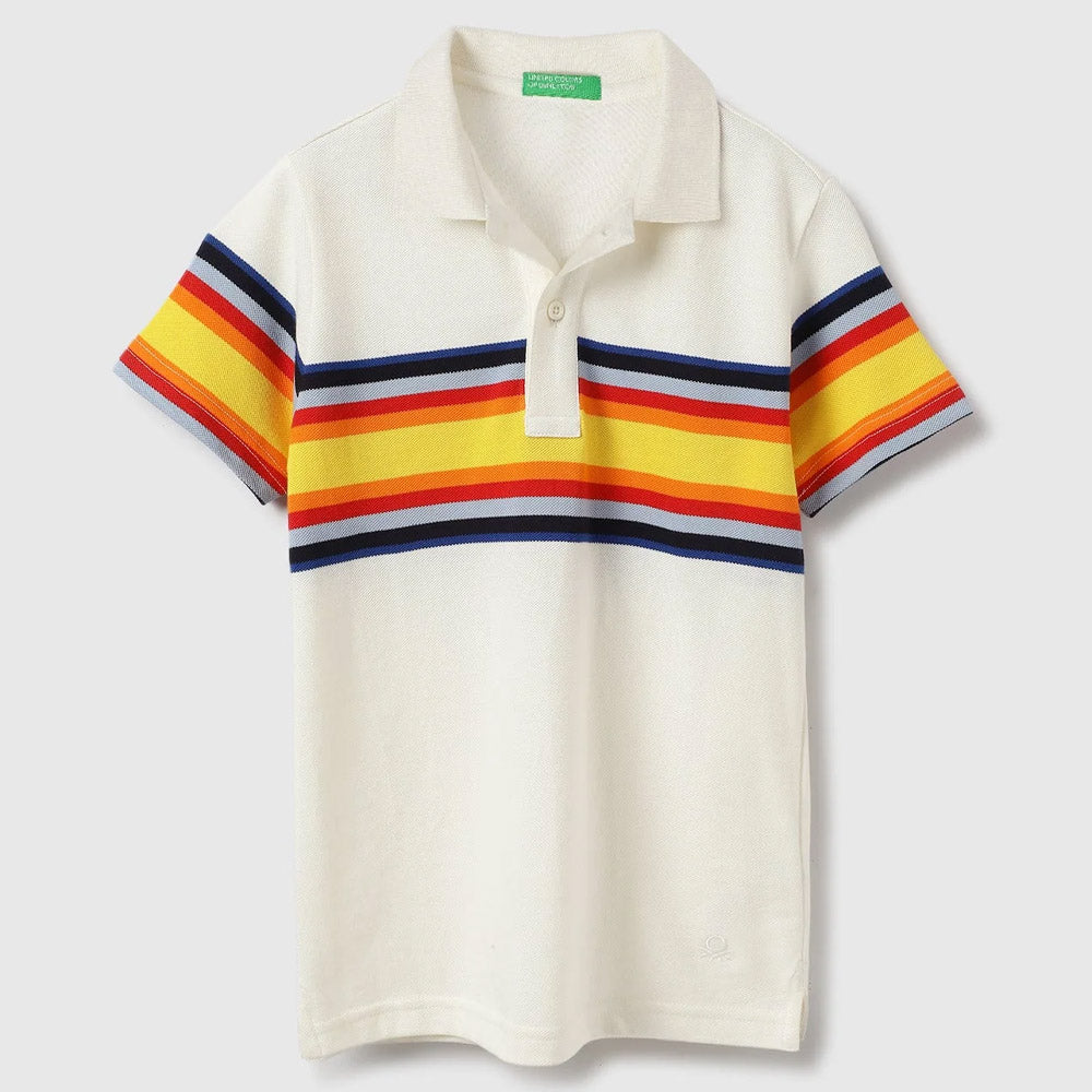 Cotton Striped Polo T-Shirt- Off White