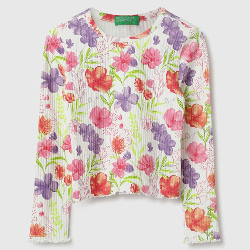 White Regular Fit Round Neck Floral Printed Top