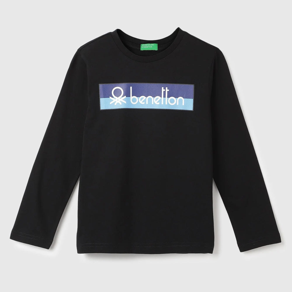 Black Benetton Printed Full Sleeves Cotton T-Shirt