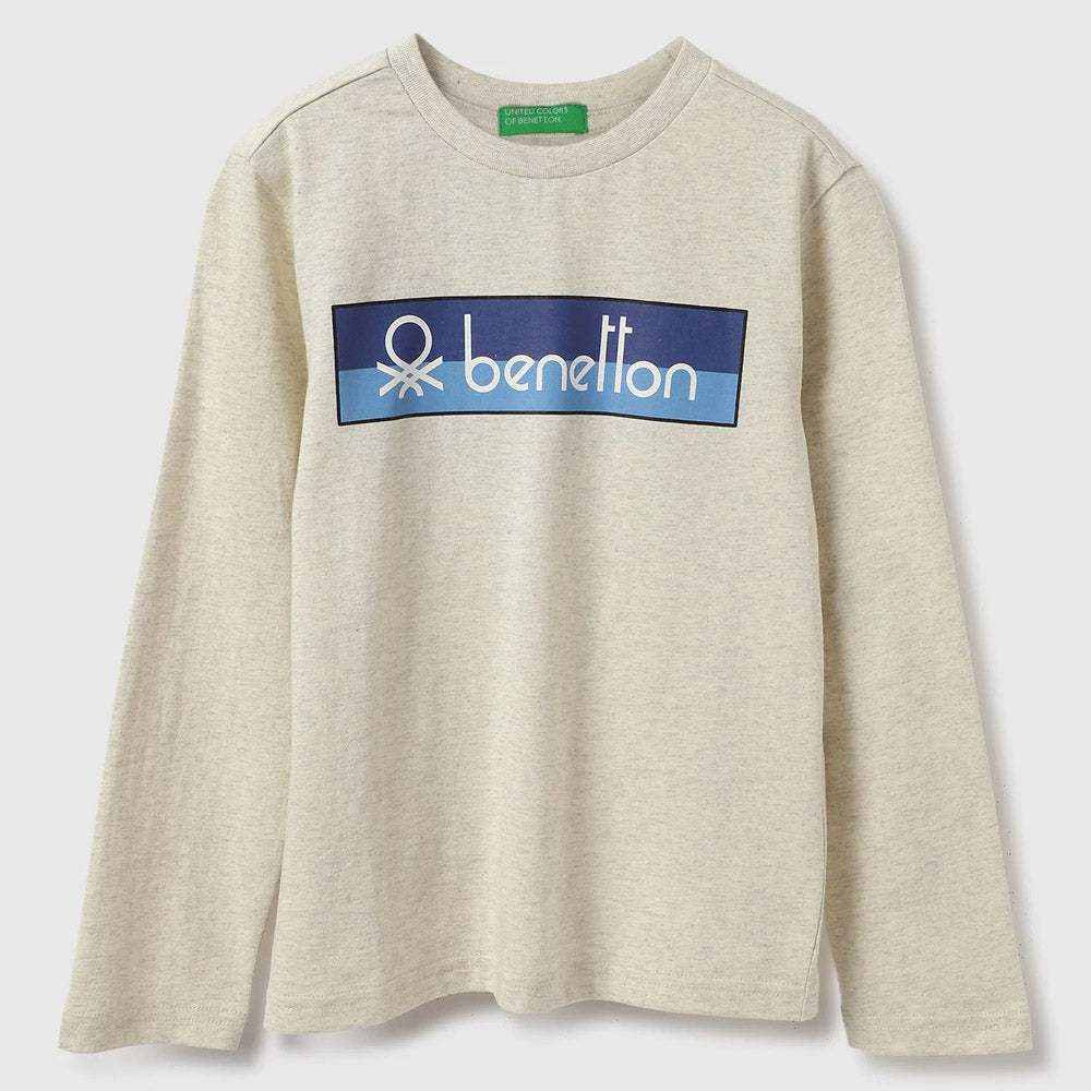 Grey Benetton Printed Full Sleeves Cotton T-Shirt