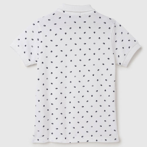 White All Over Printed Cotton Polo T-Shirt