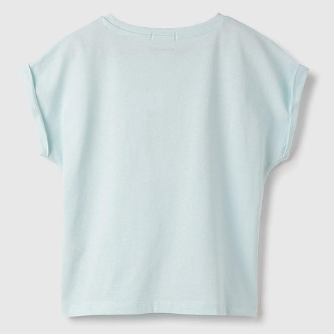 Blue Boxy Round Neck Typography Crop Top