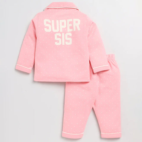 Pink Super Sis Theme Full Sleeves Cotton Night Suit