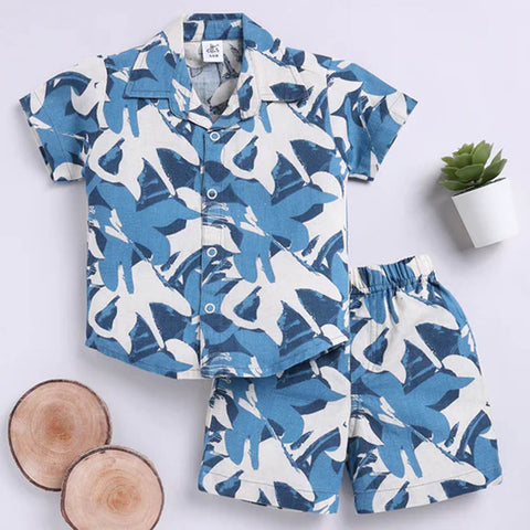 Green & Blue Tropical Printed Half Sleeves Cotton Co-Ord Set