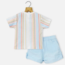 Load image into Gallery viewer, White Striped Half Sleeves T-Shirt With Blue Shorts
