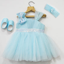 Load image into Gallery viewer, Blue Embellished Party Dress With Booties &amp; Headband
