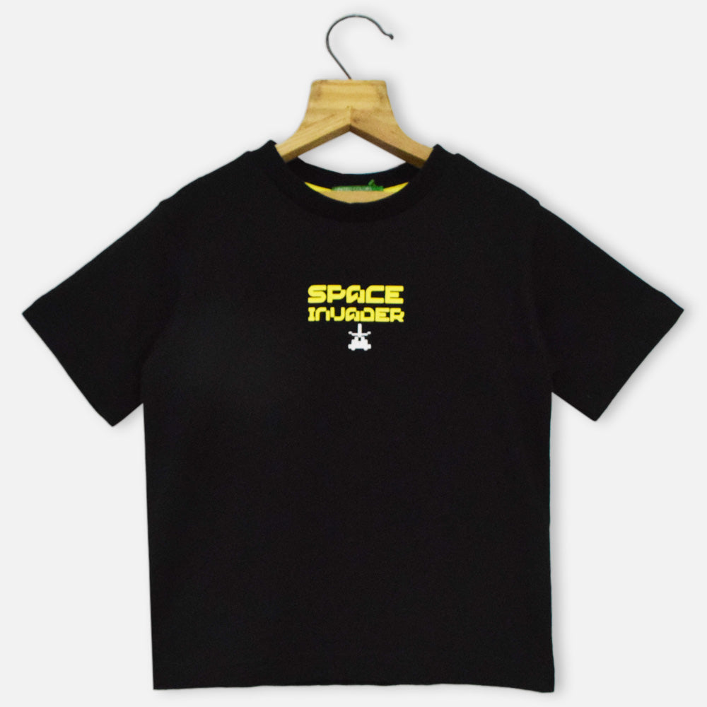 Black Round Neck Space Printed T-Shirt