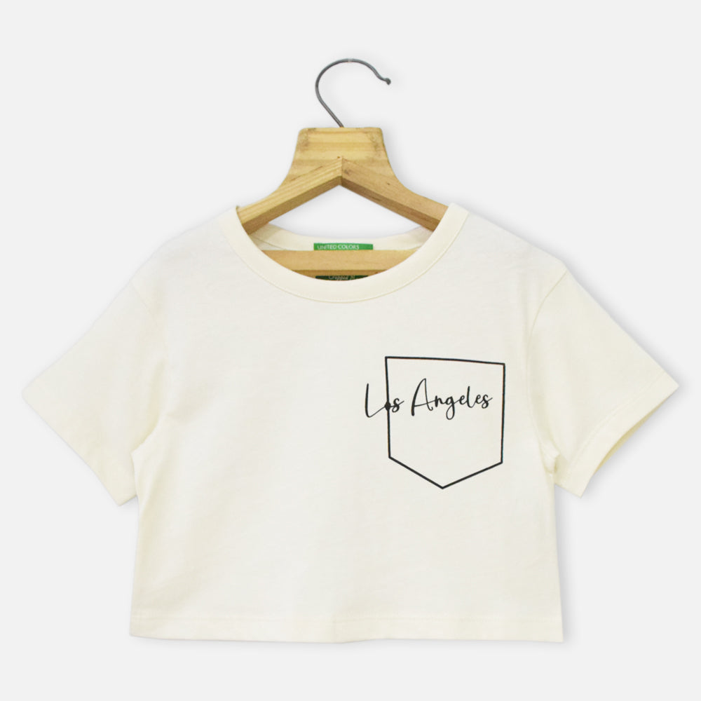 Cream Regular Round Neck Graphic Printed Crop Top