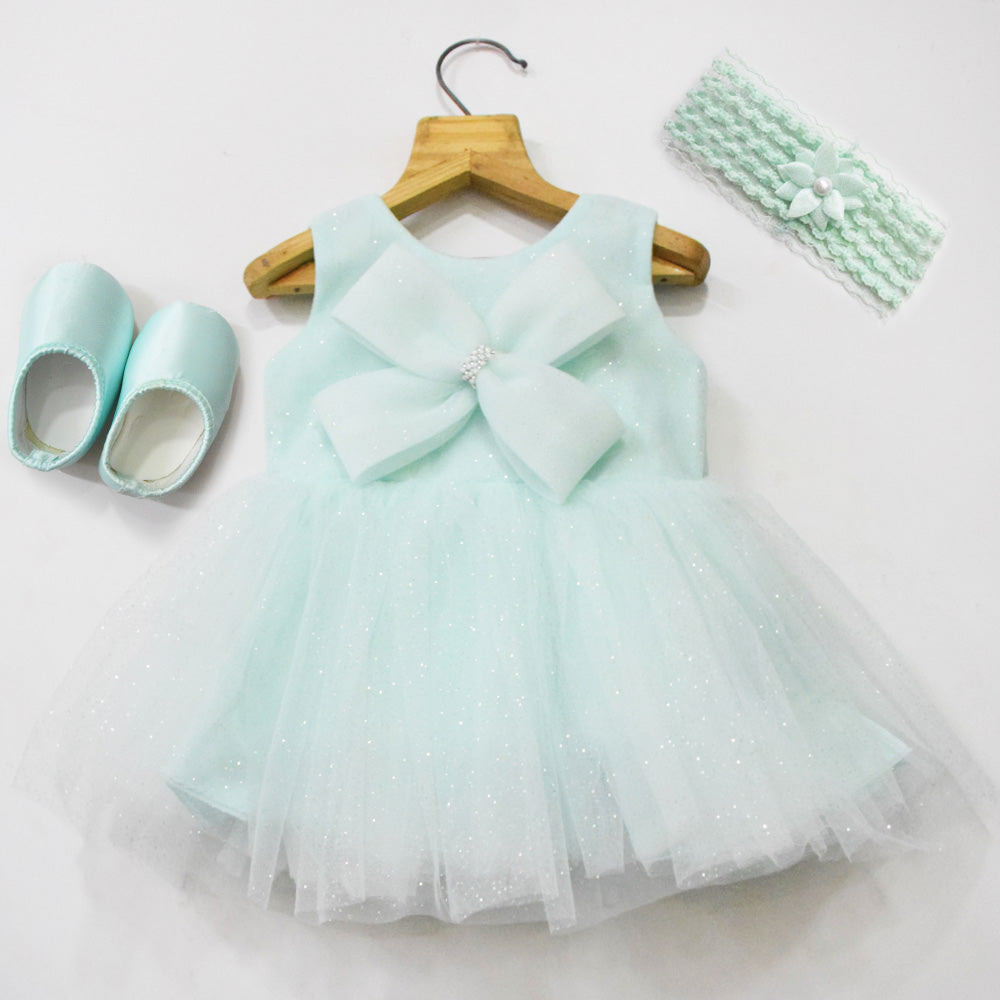 Green Bow Embellished Party Dress With Booties & Headband