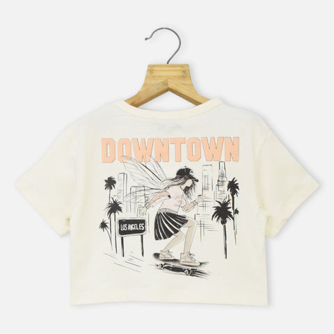 Cream Regular Round Neck Graphic Printed Crop Top