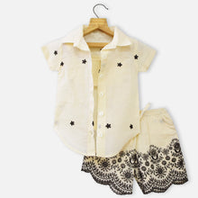 Load image into Gallery viewer, Peach &amp; Cream Embroidered Shirt With Crop Top &amp; Short Co-Ord Set
