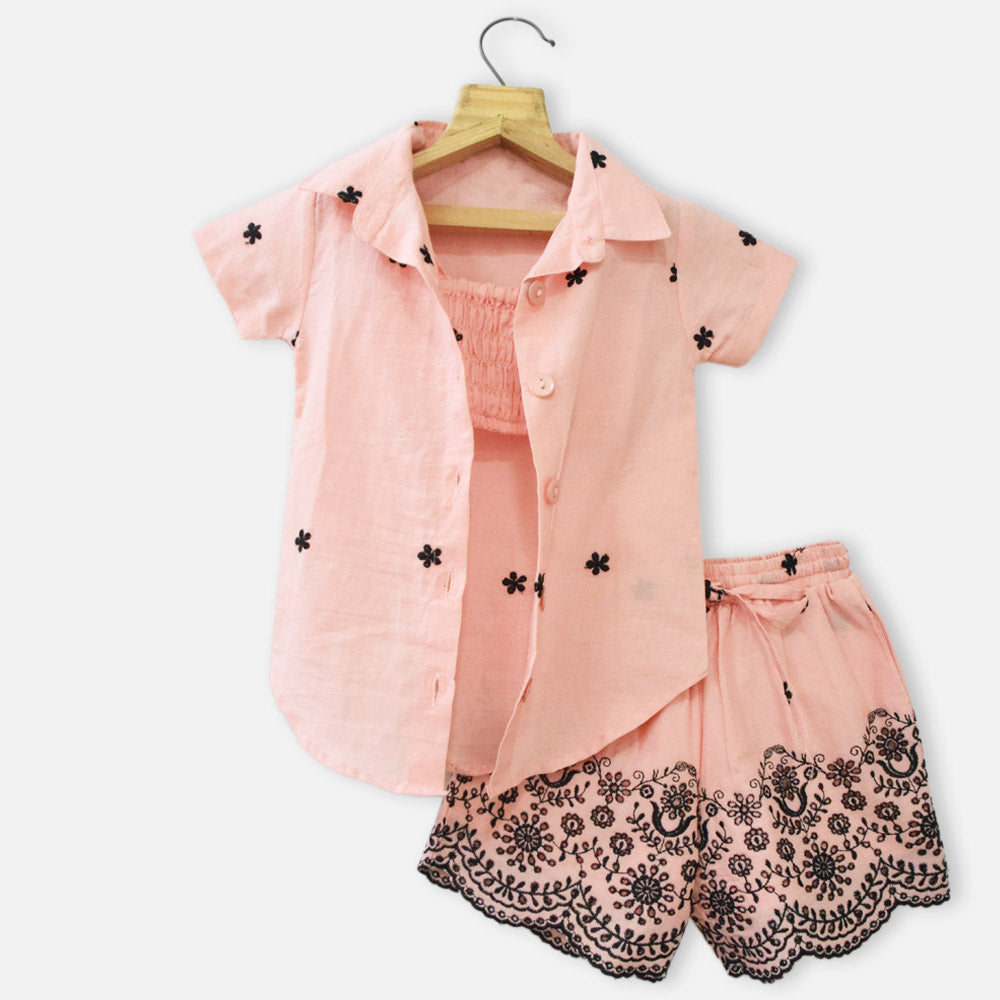 Peach & Cream Embroidered Shirt With Crop Top & Short Co-Ord Set