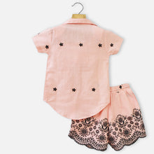 Load image into Gallery viewer, Peach &amp; Cream Embroidered Shirt With Crop Top &amp; Short Co-Ord Set
