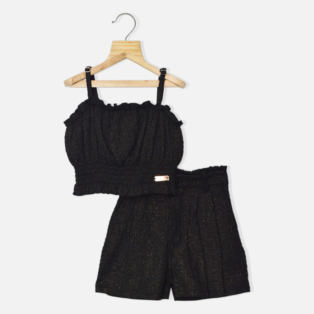 Green & Black Smocking Crop Top With Shorts Co-ord Set